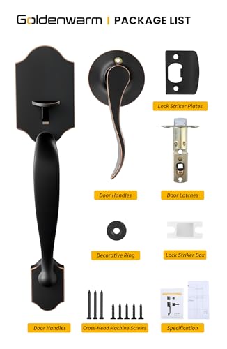 Image of Goldenwarm Bronze Front Door Handle, Entry Door Handles, Single Cylinder Front Door Handle Only, Oil-Rubbed Bronze Door Handle Exterior
