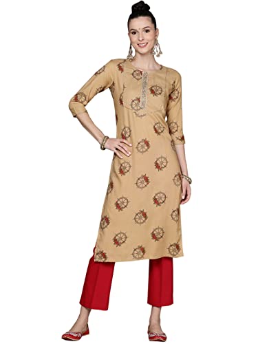 Image of anubhutee Women's Cotton Beige Thread Work Abstract Printed Straight Kurta