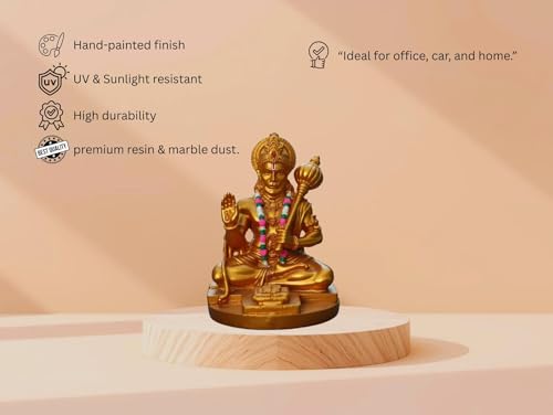 Image of Hanuman Ji Idol for Car Dashboard, Home & Office | Lord bajrangi Murti for Pooja, Mandir | Resin Balaji Statue for Protection, Positivity | Spiritual Gift Item (Gold)