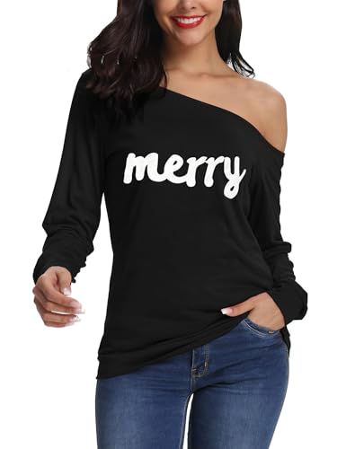 Festive Christmas Tees Women Off Shoulder Long Sleeve 18 christmas tees - black 11