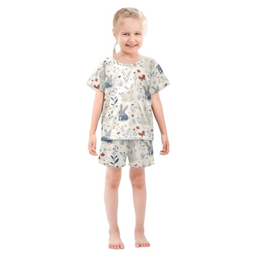 ALAZA Bunny Rabbit Flower Blossom Leaf Pajamas Set Short Sleeve Cotton Sleepwear Summer Pjs 2 Piece 5-14Y3