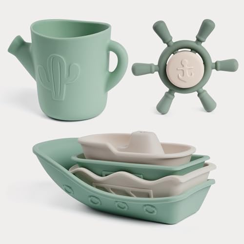 Image of Haakaa Nautical Silicone Baby Bath Toys Set, Food Grade Silicone Bathtub Toys for Toddlers, Mold-Free Stacking Boats & Spinner Toy & Pouring Cup, BPA Free Floating Tub Toys for Baby 6M+