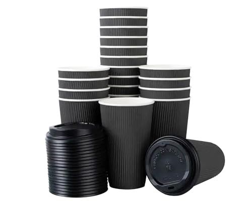 8 oz Black Disposable Paper Ripple Cups with Lids - Pack of 50 Insulated Triple Walled Takeaway Drinking Cup - Great for Coffee, Tea, and Hot Drinks - Reusable, Leak Proof Travel or Office Cups