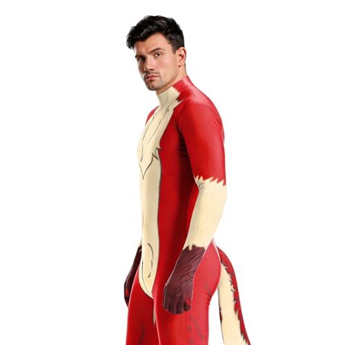 Image of Animal Full Bodysuit for Men Muscle Spandex Jumpsuit Furry Costume with Big Tail for Adult Cosplay Halloween Party