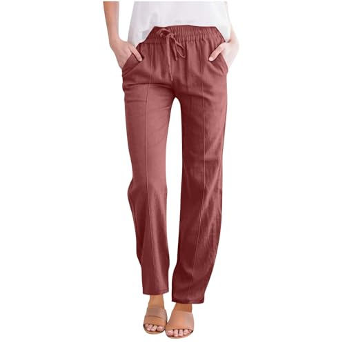 Pantalones Mujer Verano,Algodón y Lino Pantalones de Pierna Recta de Cintura Alta Elásticos con Cordón Moda Color Sólido Pantalon Largos Cómodos con Bolsillos para Primavera y Verano