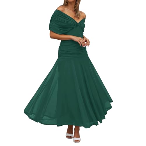 Vestido de noche largo con escote en V y pliegues de gasa color militar