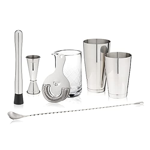 Viski Metallic Cocktail Shaker Set 7Pcs Kit, Drink Mixers For Cocktails Gift Essentials: Tin On Tin Shaker, Mixing Glass, Hawthorne Strainer, Double Jigger, Muddler And Barspoon #TOP3