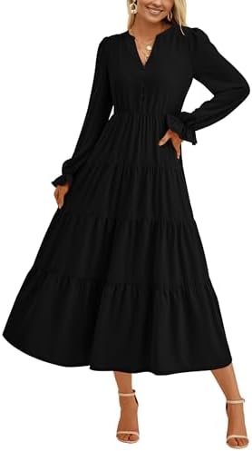 PRETTYGARDEN Long Sleeve Dress for Women 2025 Fall V Neck Tiered Aline Spring Elegant Modest Flowy Wedding Guest Maxi Dresses (Black,Small)