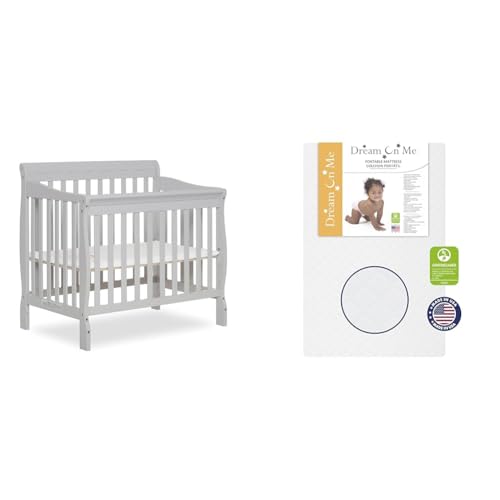 Image of Dream On Me Aden 4-in-1 Convertible Mini Crib in Grey, Greenguard Gold Certified & Sunset 3” Extra Firm Fiber Crib Mattress, Greenguard Gold Certified, Waterproof Vinyl Cover, Baby Mattresses