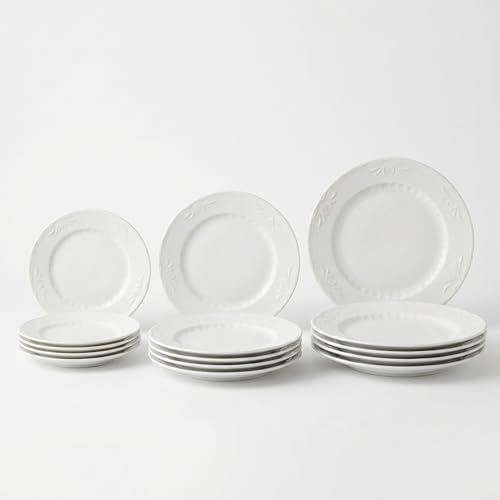 SANTA CLARA | Vajilla Completa 12 Piezas Porcelana Blanca para 4 Personas, Apta Microondas y Lavavajillas, Vajilla Sevilla con Relieve y Forma Ala Plana para Hogar y Cocina