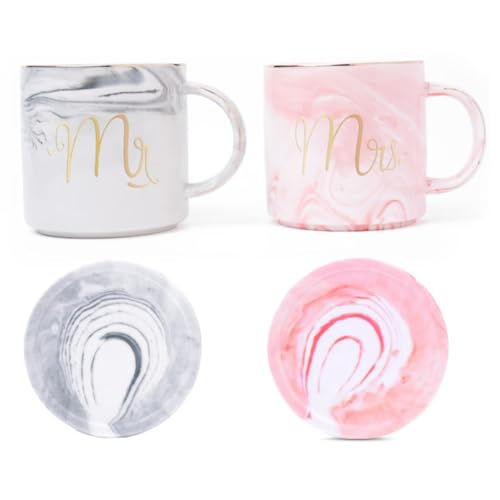 NYRWANA Coffee Mug, Couple Present, Wedding Present for Couples, Marriage Presents for Wedding, Valentine Gift, Mr & Mrs Set of 2 Coffee Mugs, Lids and Beautiful Gift Box (250ml - Ceramic)