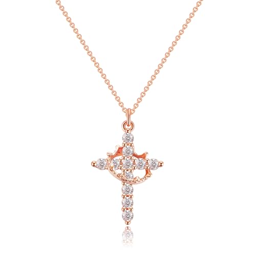 Robaice Rose Gold Cross Necklace for Women, Rose Gold Plated Crown Cross Pendant Necklace Cross...