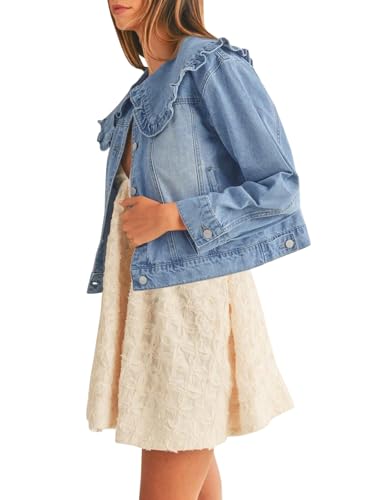 Takaneo Womens Denim Jacket Peter Pan Collar Cute Cropped Long Sleeve Shirts Jean Coat with Pockets3