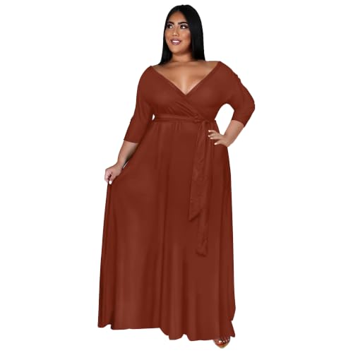 Image of Nmoder Plus Size Maxi Dress for Women - Summer Casual 3 /4 Sleeve Floral Flowy Long Dress with Belt XL- 6XL