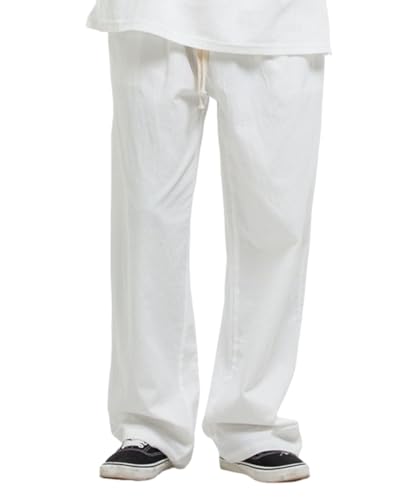 Mens Casual Linen Pants Elastic Waist Drawstring Beach Summer Pants Lightweight Linen Yoga Trousers
