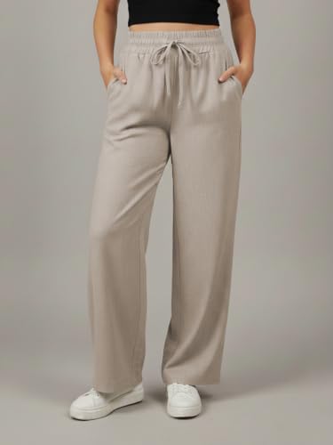 Image of Leriya Fashion Women Relaxed Fit Wide Leg Trousers | Malai Cottage Elastic Drawstring Wide Leg Pants for Women | Casual Straight Lounge Pants with Pockets | Stylish Everyday Office Outfit Bottom Pant