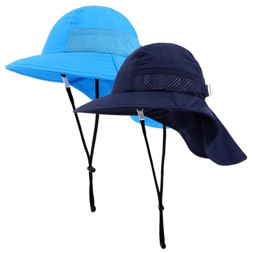 MASOCIO Baby Sun Hat Toddler Kids Boys Girls Summer Bucket Hats Child Children Babies 2 Pcs Sunhat 3 4 5 Neck Cover Protection Wide Brim Age 2-6 Years Blue Navy Blue