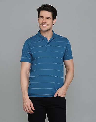 Image of INKKR Men's Striped Polo Neck Cotton Blend Multicolor T-Shirt