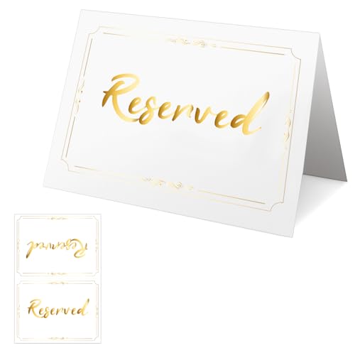 25-Pack Gold Reserved Table Signs, Double Sided Cardstock Reserved Signs for Tables, Gold Foil Reserved Seating Signs for Wedding Chairs, Place Cards, Tent Cards, Wedding Table Decor (2.95 * 3.93'')