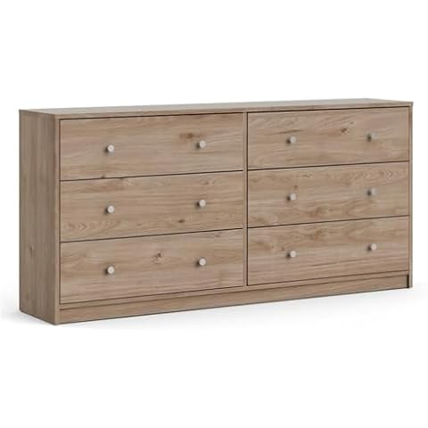 Levan Home 6-Drawer Engineered Wood Contemporary Wide Double Dresser with Plastic Pewter Handles & Smooth Plastic Glides in Oak Finish Cover