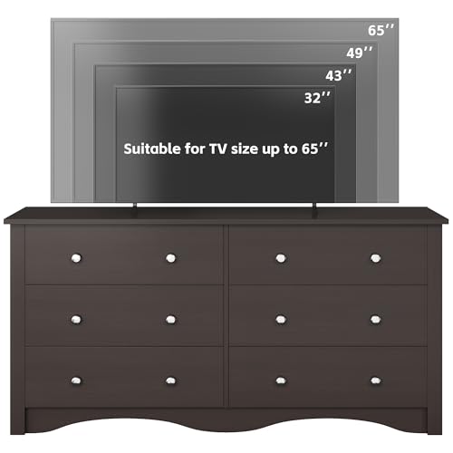 Furmax 6 Wood Drawers Dresser for Bedroom, Double Dresser for TV up to 65 inch, TV Stand Storage Chest of Drawers for Living Room Hallway Entryway (Brown)