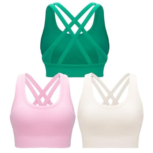 RUNNING GIRL Sports Bra for Women High Support, Criss-Cross Back Padded Strappy Sports Bras Yoga Bra with Removable Cups 1-white+pink+green Small