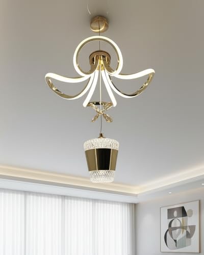 Image of swanart Modern LED Chandelier Ceiling Light with Crystal Lampshade, Elegant Gold Design & 3-Light Modes, Dimmable for Living Room, Bedroom & Dining Area - Unique Butterfly Accent