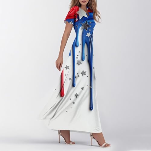 TWGONE Fourth of July Dresses for Women American Flag Patriotic High Waist Short Sleeve Maxi Summer Beach Dresses 20253