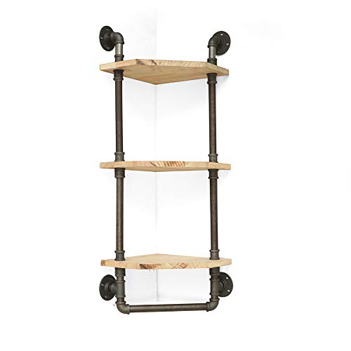 Industrial Pipe Shelf, Rustic Corner Shelves with Towel Bar,Bathroom Shelves Wall Mounted,3 Tiered Metal&Real Wood Home Decor Floating Shelves