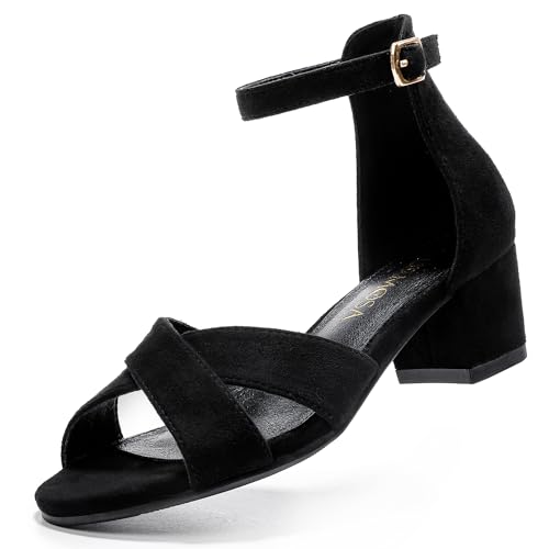 LAURMOSA Black Dress Shoes Girls Sandals High Heels for Kids Flower Girl Shoes Open Toe Ankle Strap Black Chunky Heels for Toddler Little Big Kids Wedding Party Church School (L1032SuBlack 2)