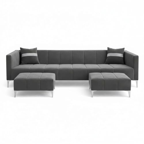 Image of Solomon 6 Seater L Shape Sofa Set with 2 Movable Ottoman | Flexible Left or Right Layout | Luxe Velvet Suede Fabric | Comfortable Seating | Modern Sofa for Living Room - Dark Grey