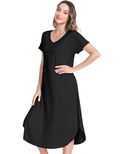 Image of NACHILA Nightgowns for Women-Viscose Made from Bamboo, V Neck Sleepshirts Short Sleeve Sleepwear Cool Nightshirt
