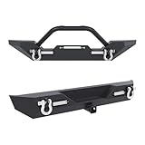 KUAFU Front & Rear Bumper Compatible With 1986-2006 Jeep Wrangler TJ YJ w/2 40W LED Lights & D rings & 2' Hitch Receiver Black Powder Coated Steel (2 Packages)