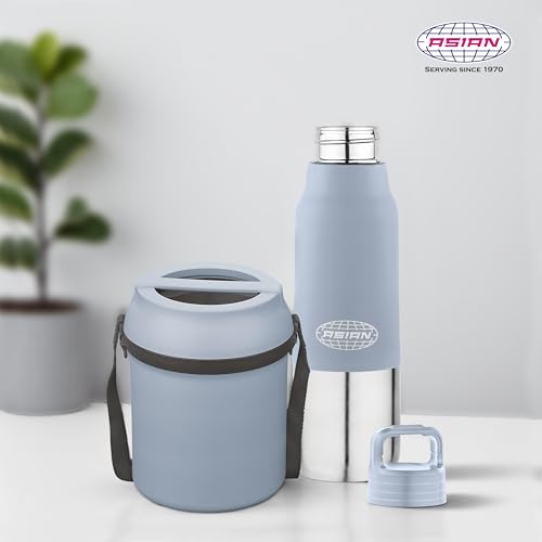 Image of ASIAN Stainless Steel Lunch Box (700ml) & Insulated Water Bottle (500ml) Combo Gift Set | Leakproof Steel Tiffin & Flask for Kids | BPA Free Back to School Essential Kit (Blue)