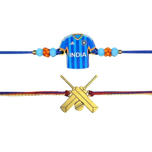 Image of Kizzi Rakhi Combo for Brother - Cricket Bat & Team India Cricket Jersey Tshirt Design Rakhis for Kids and Boys | Sports Theme Rakhi Set | Raksha Bandhan Gift for Cricket Lovers