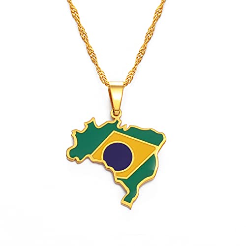 YUANYIRAN Carte du Brésil Colliers Pendentifs - Charme Cartes Ethniques Africaines Drapeau Colliers À Chaîne Mince, Patriotic Or Couleur Carte Hip Hop Bijoux pour Femmes Hommes Fête Cadeau,Or,45Cm