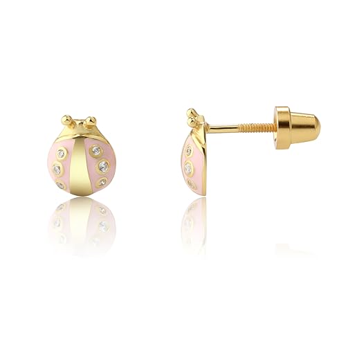 Cherished Moments Children's Sterling Silver or 14k Gold Plated Pink Ladybug Screw Back Earrings for Babies, Little Girls, Kids and Toddlers