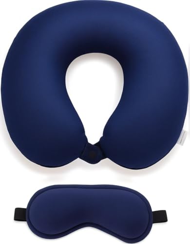 Image of Microfiber Travel Pillow with Eye Mask - Soft Neck Support Pillow for Airplane, Car, Train & Office - Compact & Lightweight Travel Essentials Set for Men & Women,NavyBlue