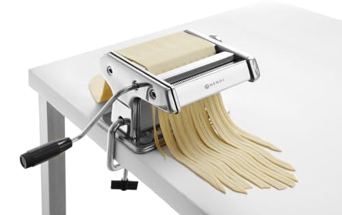 Foto von HENDI Pastamaschine, Manuell, für die Zubereitung von frischer pasta, Teigroller, Tagliatelle, Fettucine, Breite des Teigs bis zu 140mm, 7 stufig einstellbar 0,2-2,5mm, 440x382x(H)340mm, Edelstahl
