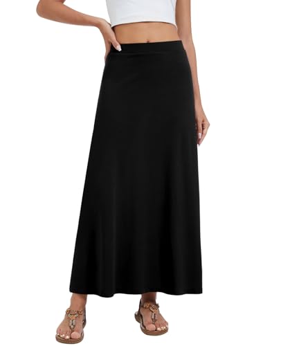 Kinnette Women\'s Maxi Skirt Flowy A-line High Waisted Casual Long Skirts (Black, L)