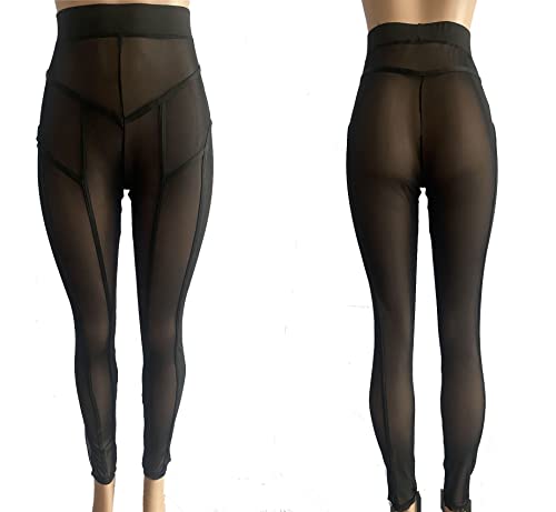 Image of Women's Sexy See Through Sheer Mesh Pants Leggings High Waist Casual Sweatpants Tights