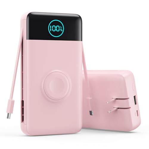 Image of Portable Charger for iPhone, 40800mAh Power Bank with Built-in Cables & AC Wall Plug, 5 Outputs USB C Fast Charging External Battery Pack for iPhone 17 /16 /15 /14, Android, Travel Essential (Pink)