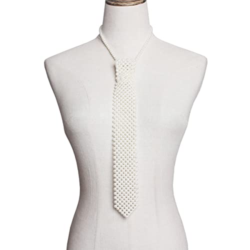 mollensiuer 1 Piece White Artificial Pearls Neck Tie Handmade Weaving Ladies Shirt Necklace Neck Ties Beaded Tie Necklace for Women