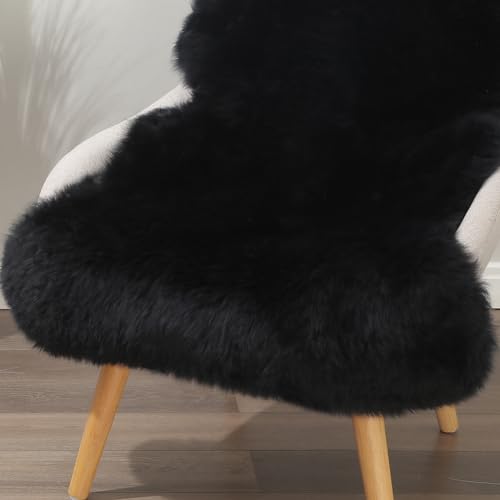 Premium Genuine Fur Sheepskin Rug Real Australia Sheepskin Natural Luxury Fluffy Lambskin Fur Area Rug Seat Covers for Kids Bedroom Sofa Chair Cover (Black, Single Pelt/2ft x 3ft)