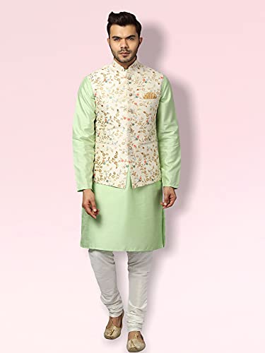 Image of Uri and MacKenzie Men's Silk Blend Regular Kurta Churidar Pyjama with Bundi Nehru Jacket /Waistcoat