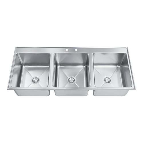 Image of Stainless Steel 3 Compartment Drop-In Sink. Bowl 14 in. x 16 in. x 10 in. No Faucet