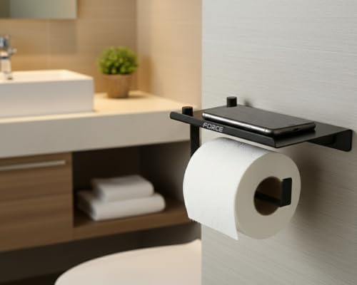 Image of Force Toilet Paper Holder with Shelf - Pack of 3 - Wall Mounted Rustproof Stainless Steel Bathroom Tissue Roll Holder with Raised-Edge Storage Shelf - Matte Finish - Modern & Durable Design Black