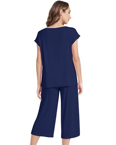 Image of NACHILA Women's Pajamas Set Short Sleeve Sleepwear Soft Pjs Cool Pajama with Capri Pants, Viscose Made from Bamboo