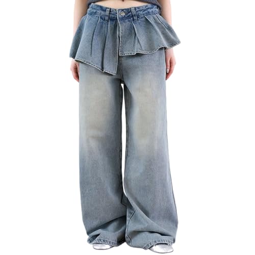 Pantalon jean large femme jupe plissée superposition asymétrique et coton