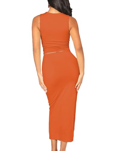 Image of Bdwinz Women's Casual 2 Piece Dress Round Neck Tank Top Bodycon Midi Skirt Dress Set